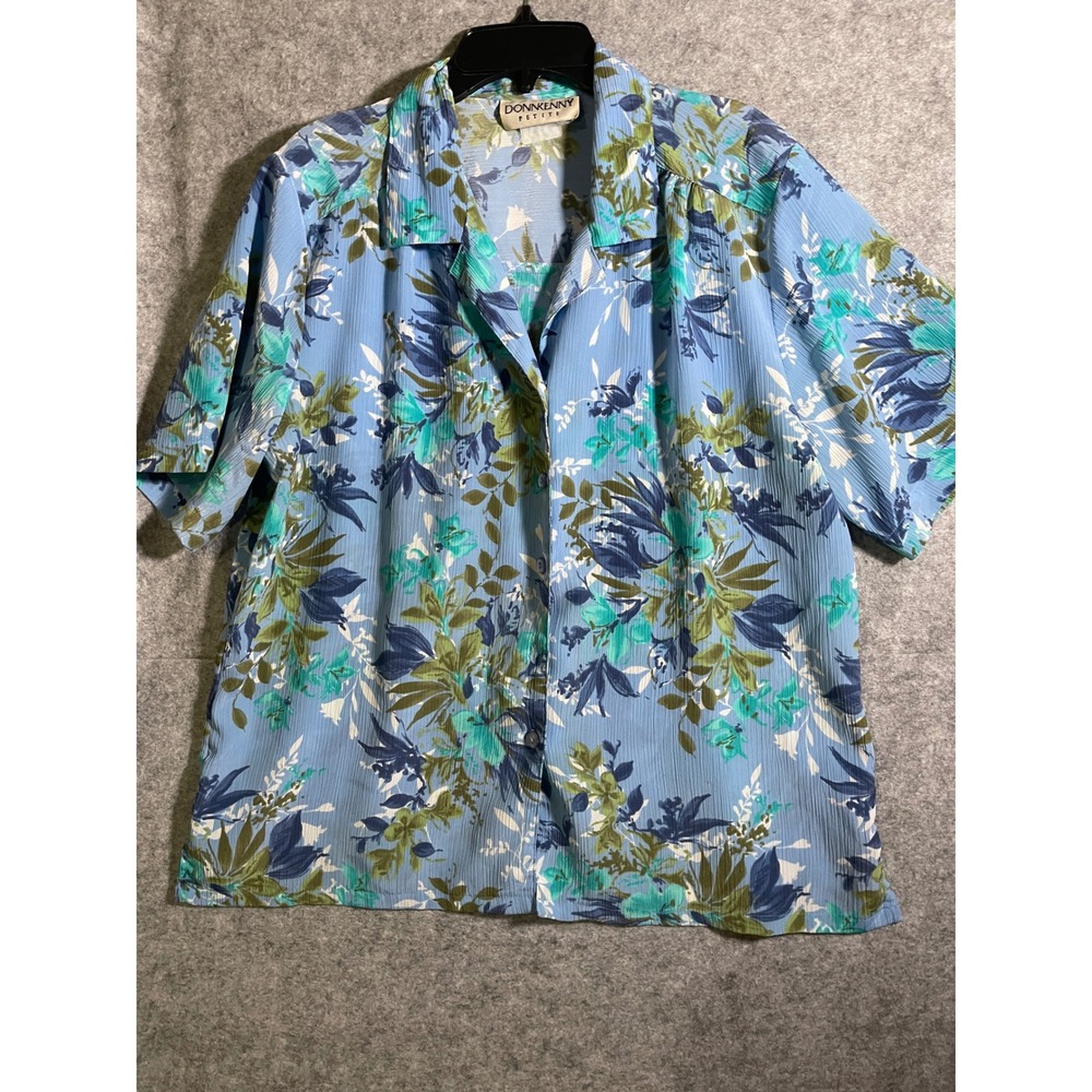 Donnkenny‎ Petite Blue Floral Short Sleeve Button Down Shirt Textured Top